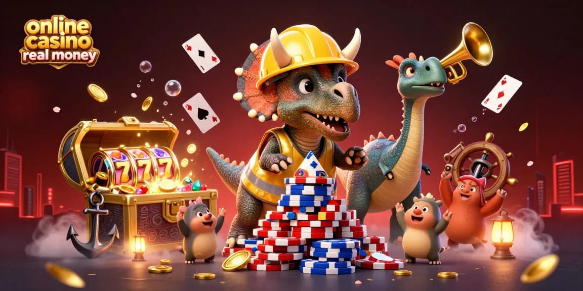 Engage with online casino real money adventures in a vibrant triceratops-themed scene.