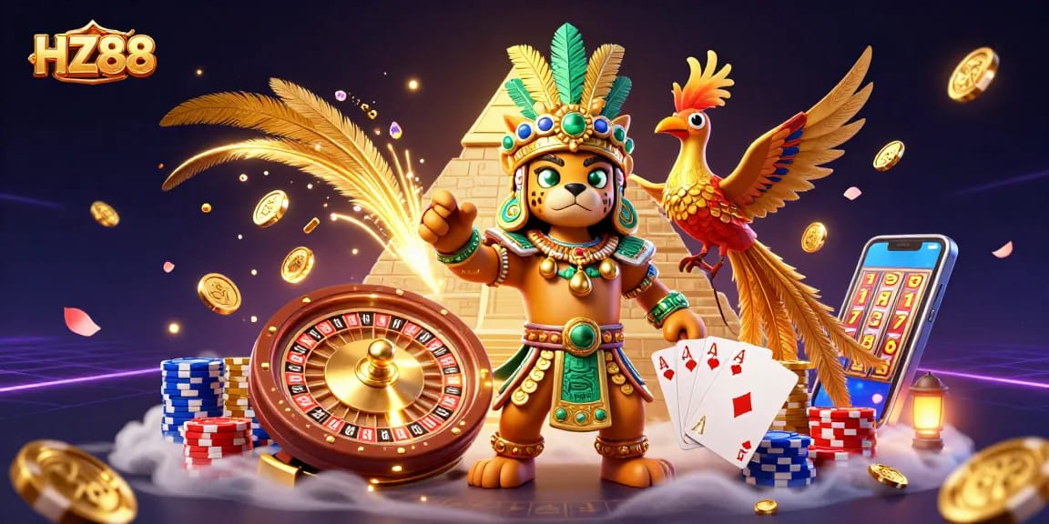 Experience the excitement of HZ88 with a vibrant 3D casino scene featuring golden coins and playing cards.