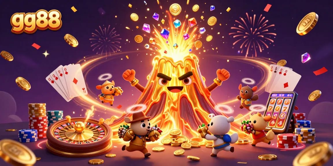 Experience excitement at gg88 with a jubilant golden volcano, flying treasures, and vibrant casino elements.