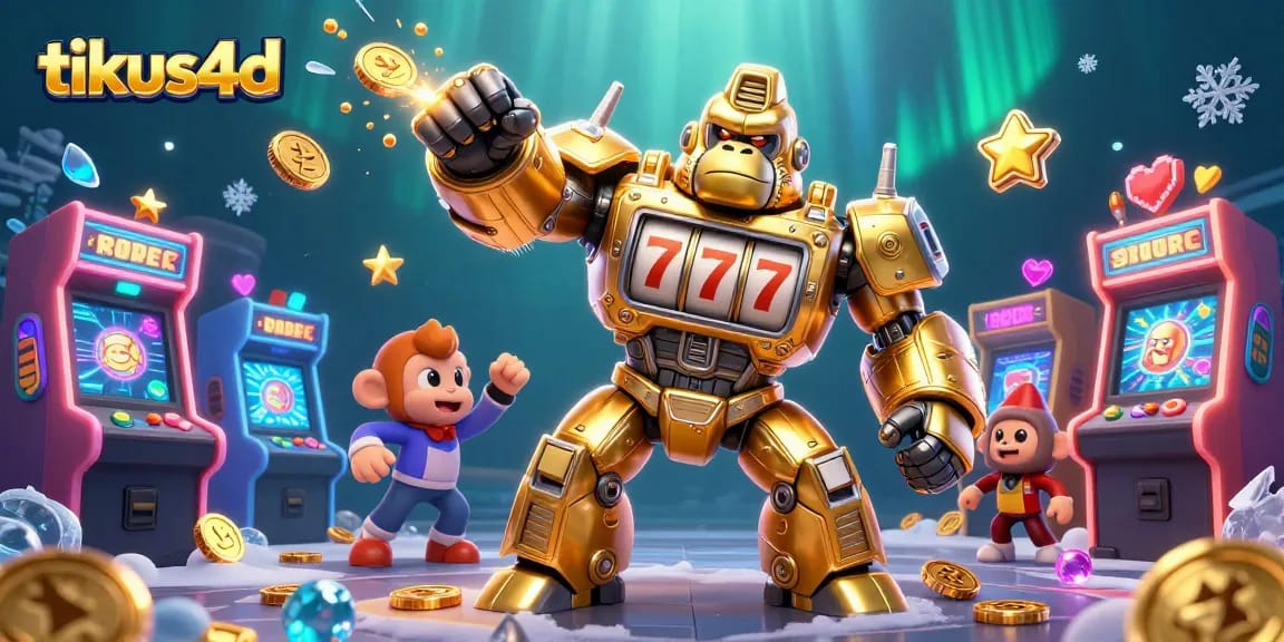 Experience tikus4d with a dynamic 3D underwater scene showcasing multiple gaming elements and a golden gorilla mech.