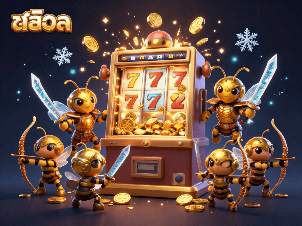 Experience the excitement of สล็อต with vibrant visuals and dynamic characters in this colorful casino illustration.