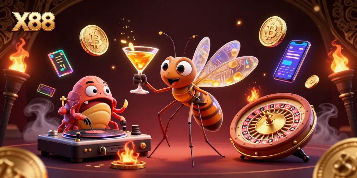 Experience exciting gambling with X88 featuring a vibrant casino mascot amidst digital coins and roulette.