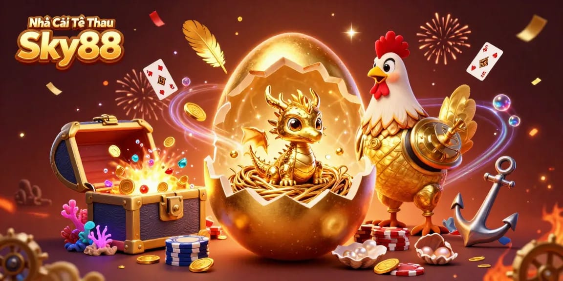 Experience the vibrant energy of Nhà Cái Thể Thao Sky88 with a golden dragon among poker chips.