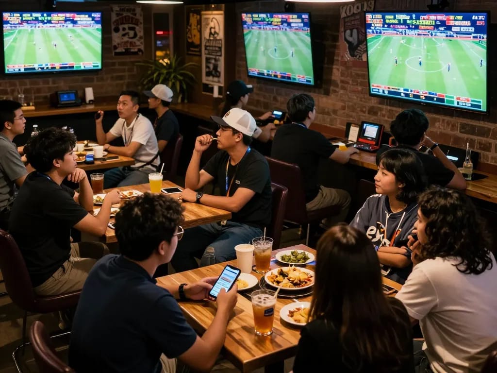 Betters engaging with live sports events using keo nha cai apps at a vibrant sports bar.