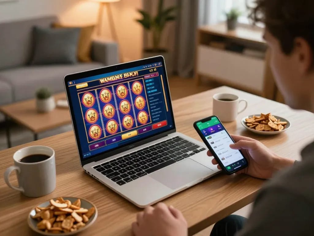 Engaging gaming moment displaying daftar slot on a laptop screen, showcasing a vibrant online gambling atmosphere.