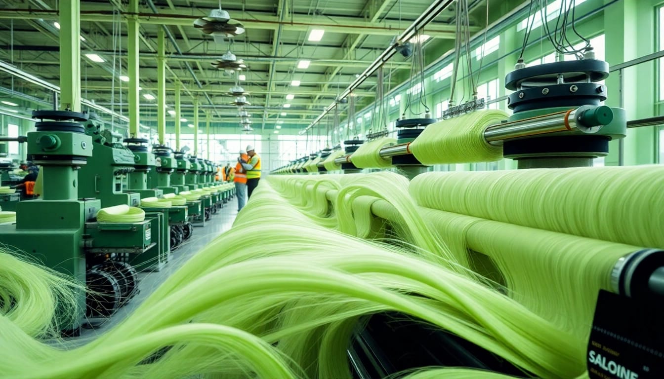 Viscose productie proces in een textielfabriek met vibrante kleuren en professionele omgeving.