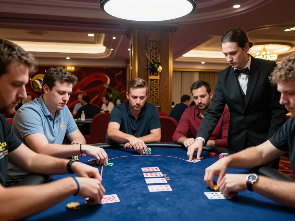 Players engaging in a heated game at hay88x poker tournament, showcasing tension and excitement in a vibrant casino setting.