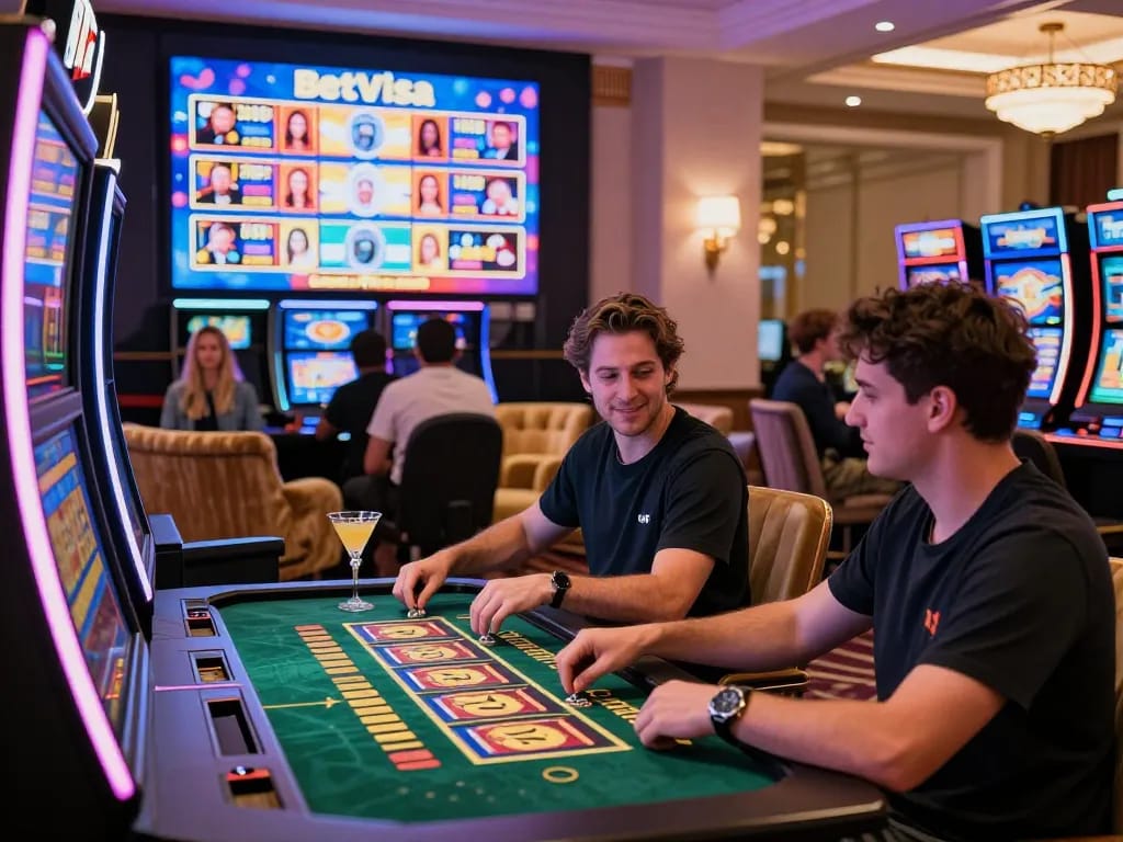 Engaging BetVisa Slot games experience with players enjoying vibrant slots in a luxurious casino.