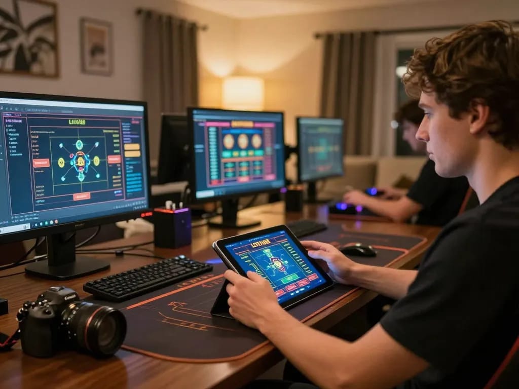 LOTO188 player engaging in online casino games with tablet, showcasing a cozy, strategic gaming setup.