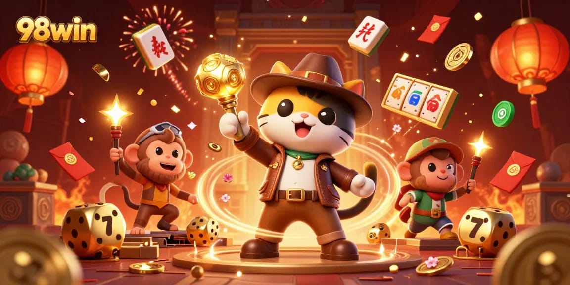 Engage with exciting games at 98win's golden casino realm in this vibrant illustration.