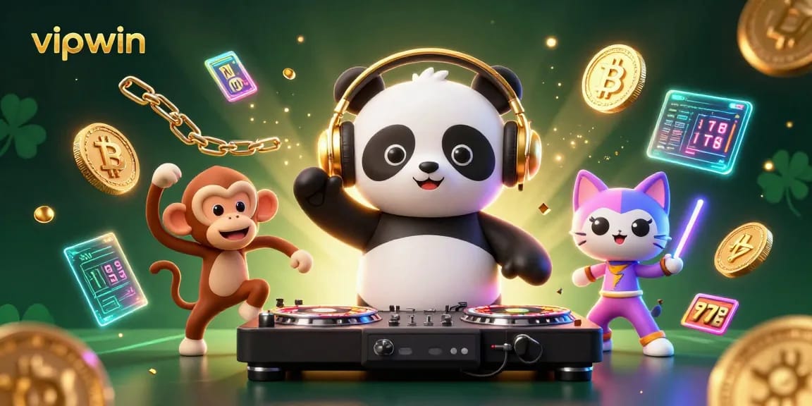 Join the fun at vipwin with lively characters in an illustrated casino scene featuring vibrant elements.