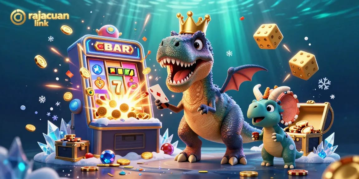 Engage with rajacuan link in this vibrant 3D scene of casino excitement with a T-Rex and friends.