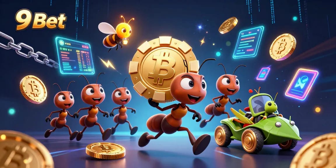 9Bet's exciting casino heist image features ant characters carrying a massive poker chip.