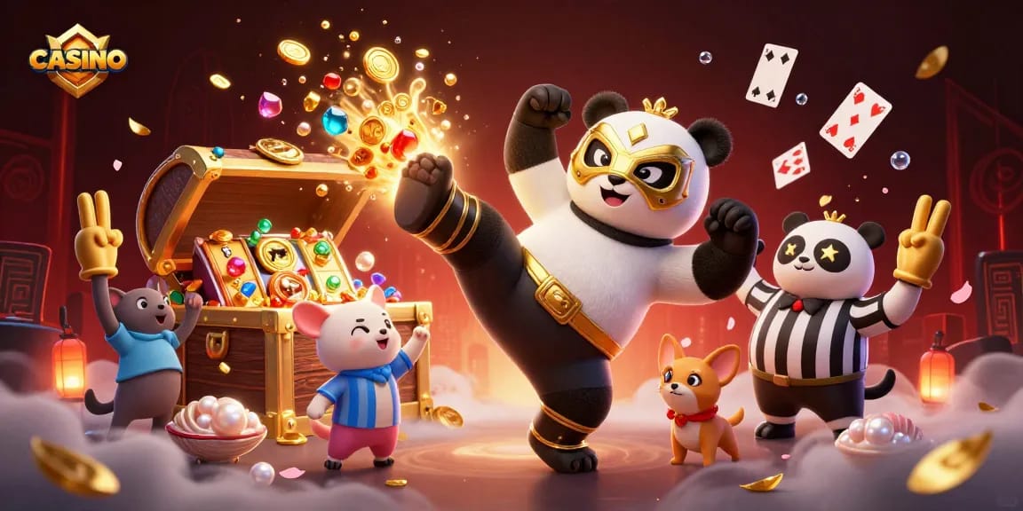 3D casino scene with a panda wrestler kicking, showcasing vibrant elements and glowing treasures.