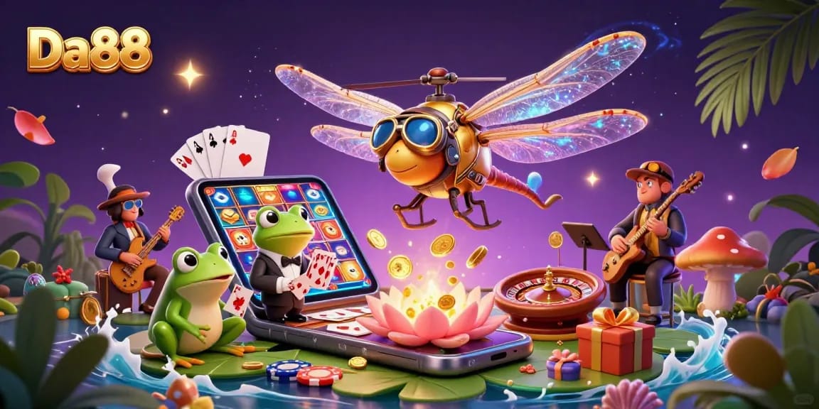 Experience Da88 with a vibrant casino scene featuring a dragonfly pilot, frog dealer, and playful cricket musicians.
