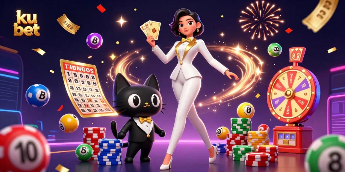 The ku bet casino experience showcases a glamorous dealer, playful cat, and vibrant gaming elements.