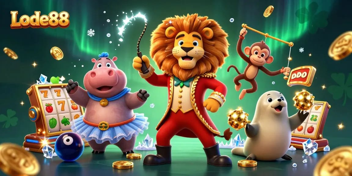 Lode88 slots illustration featuring a lion ringmaster, hippo dancer, and jackpot symbols in action.