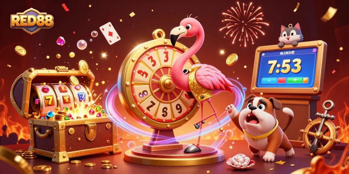 Engage with RED88's vibrant casino adventure featuring a lively game show scene.