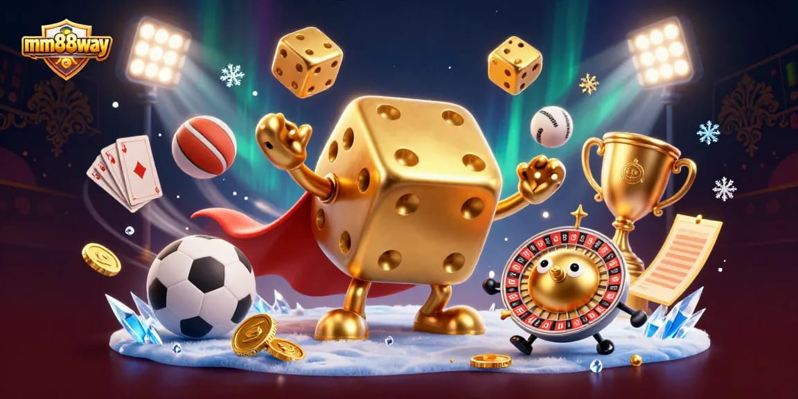 Engage with thrilling games at mm88way with our 3D cartoon illustration of a vibrant casino scene.