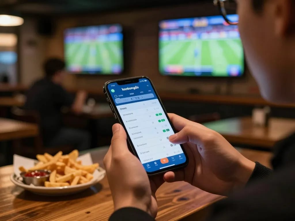 Engaged bettor reviewing keobongda odds on mobile app during exciting live sports event.