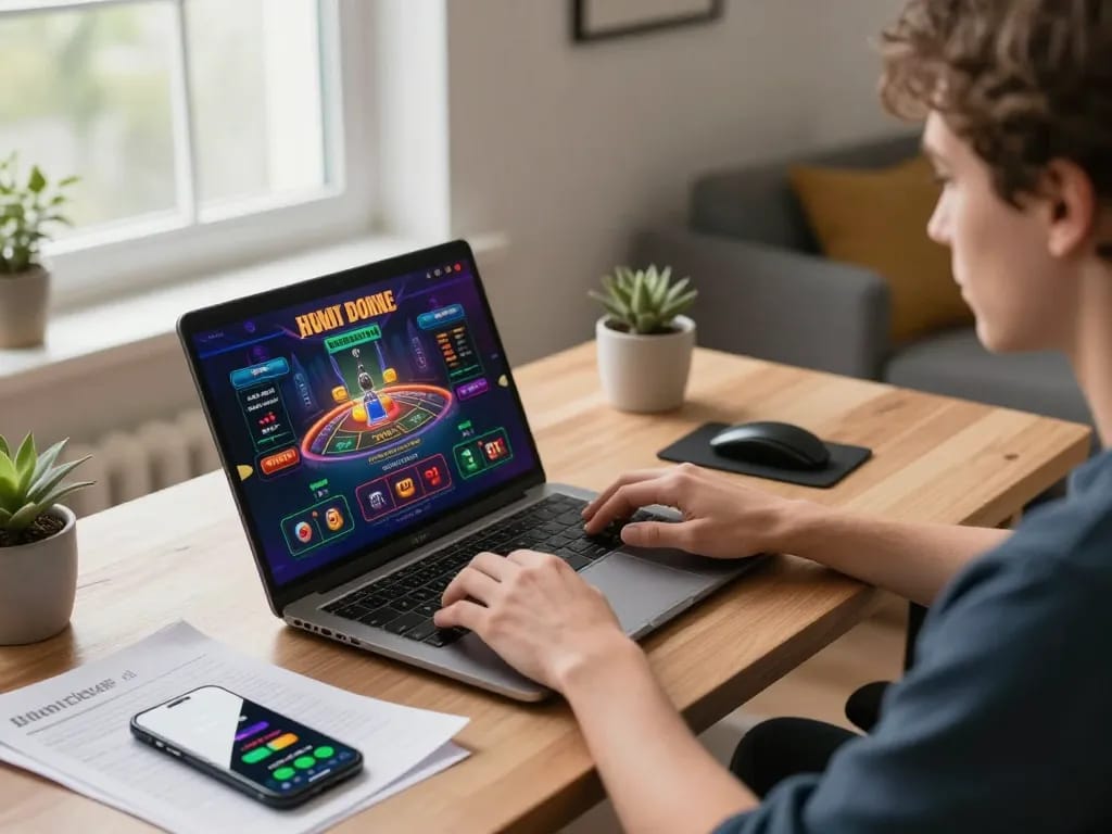 tr88 player engaged in online casino game, displaying positive interaction in a cozy gaming setup.