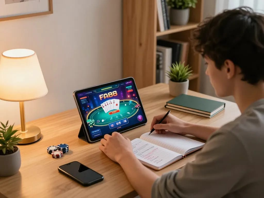 Engage in FA88 mobile gaming on tablet at a stylish desk with dynamic poker interface.