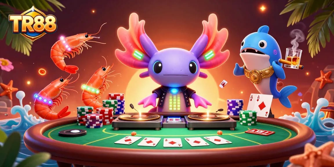 Experience the excitement of TR88 online casino with vibrant characters, poker action, and dynamic gaming atmosphere.