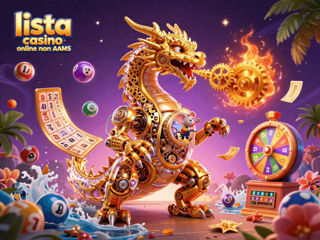 Scopri la lista casino online non AAMS con un drago meccanico e palline della lotteria in un'illustrazione vibrante.