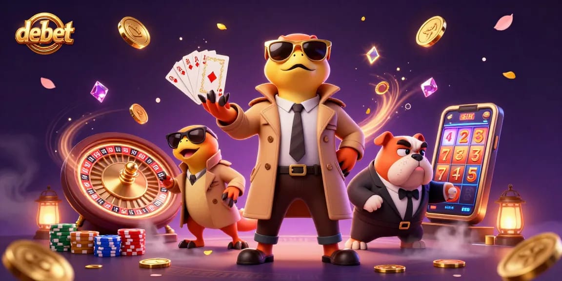 Experience debet excitement with raptors in a trench coat and golden casino wonders.