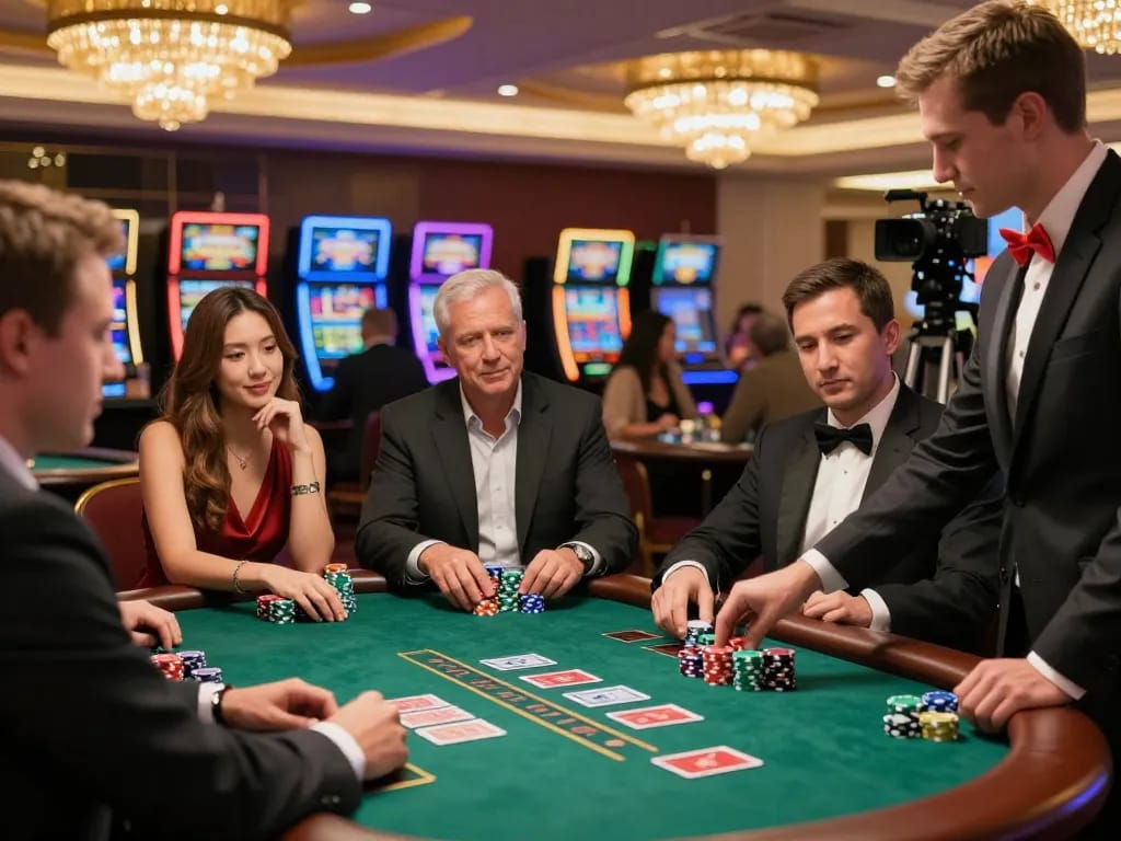 Engaged players strategizing at a blackjack table inside a vibrant casino featuring b52 atmosphere