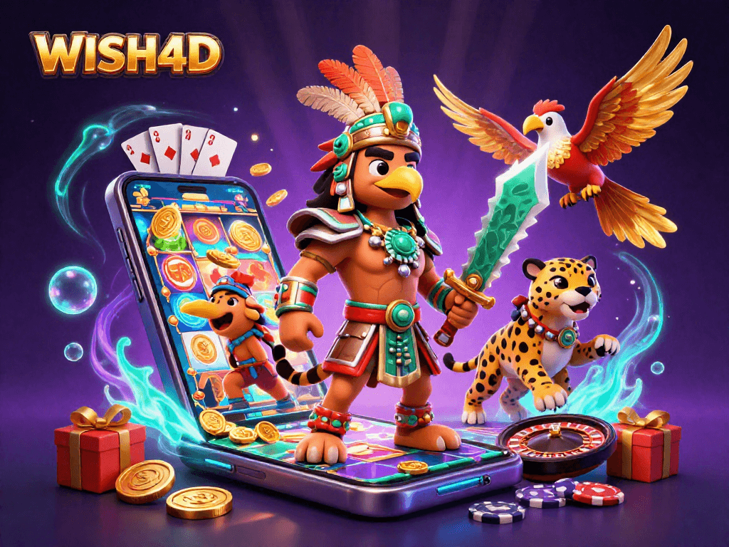 WISH4D offers thrilling gambling action with a vibrant Aztec-themed casino scene.