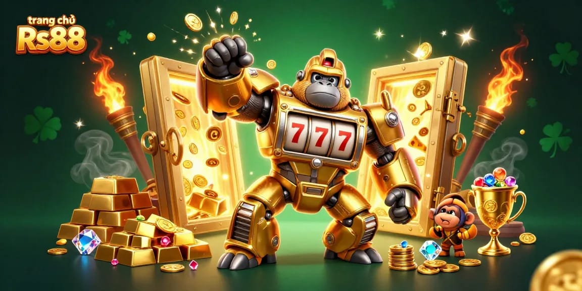 Engage in thrilling gaming experiences at trang chủ Rs88 with a golden gorilla mech and treasures.