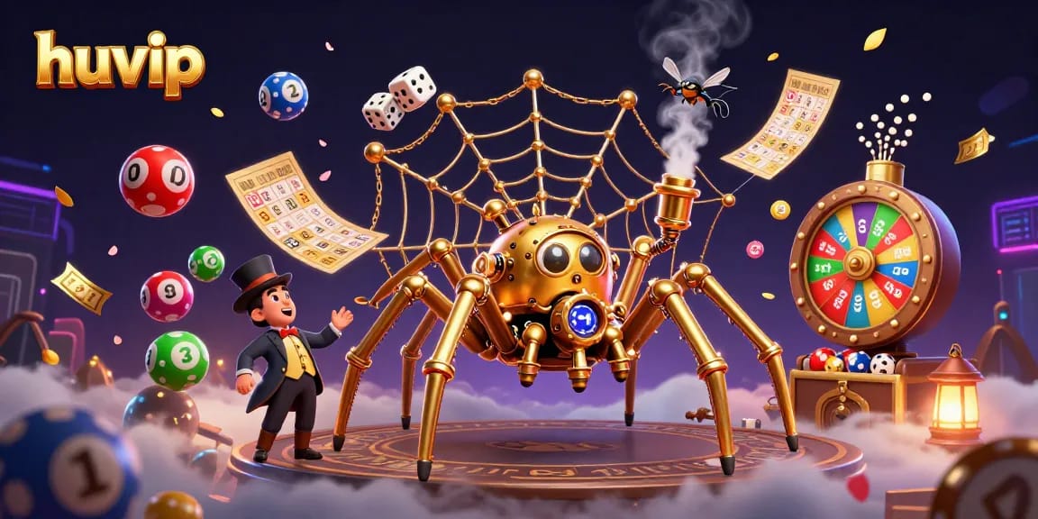 Engage with huvip's dynamic online gaming scene filled with colorful lottery balls and golden prizes.