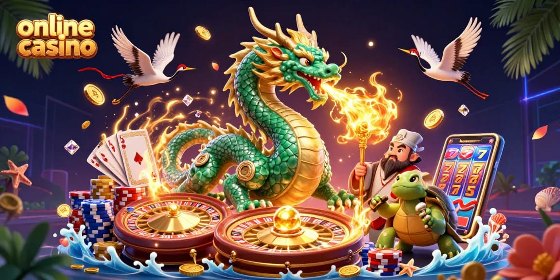 Experience the excitement of an online casino with a jade dragon and lucky symbols soaring.