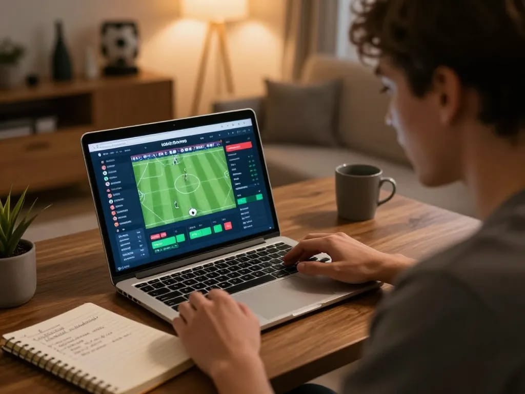 Person analyzing nhandinhkeonhacai football match odds on laptop in cozy home setting