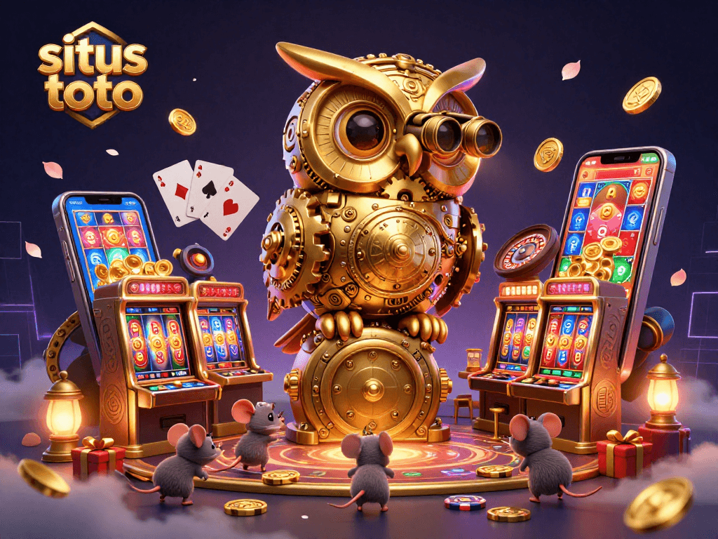 Mengamati situs toto dengan ilustrasi burung hantu emas dan mesin slot 3D yang menarik.