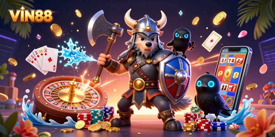 Experience the thrill of VIN88 with a dynamic illustration featuring a Viking wolf warrior, dragon, and casino elements.