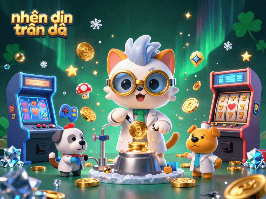 Engaging slots action with nhận định trận đấu analysis featuring a whimsical cat scientist and dog assistant.