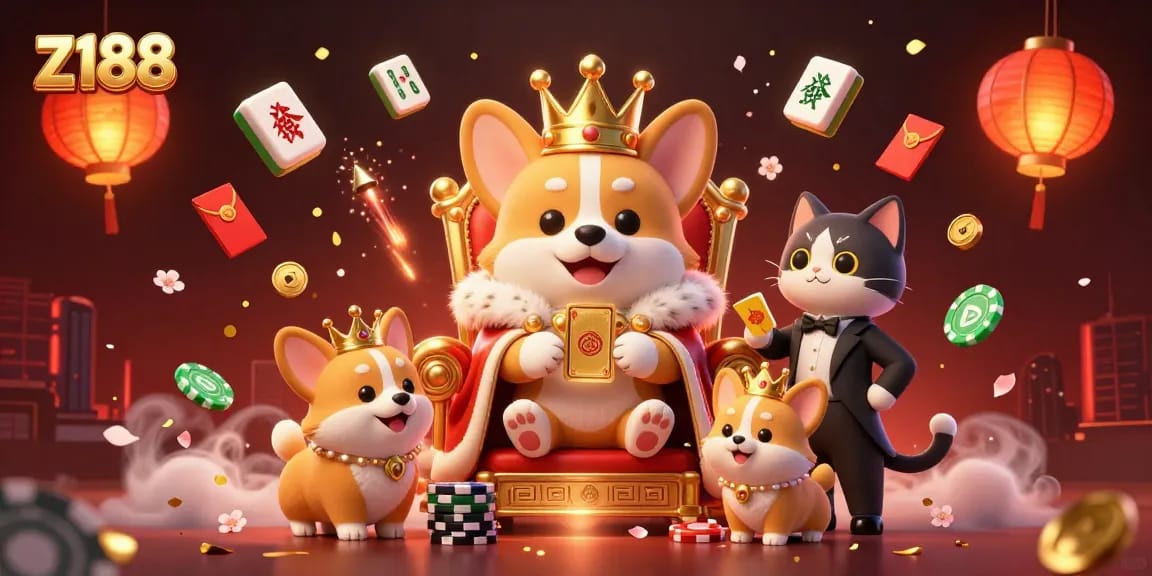Experience z188's vibrant gaming atmosphere with a royal corgi and dynamic casino elements.