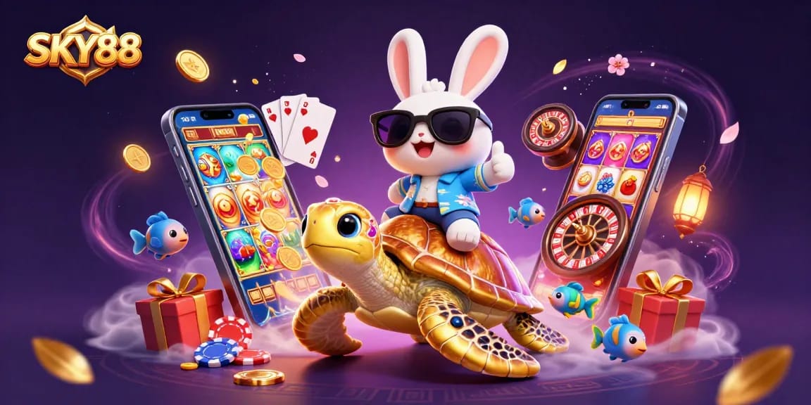 Experience thrilling gameplay at SKY88 with lucky rabbit and golden turtle, surrounded by casino action.