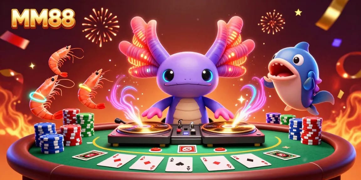 Experience the vibrant energy of MM88, featuring a neon axolotl DJ in a lively casino scene.