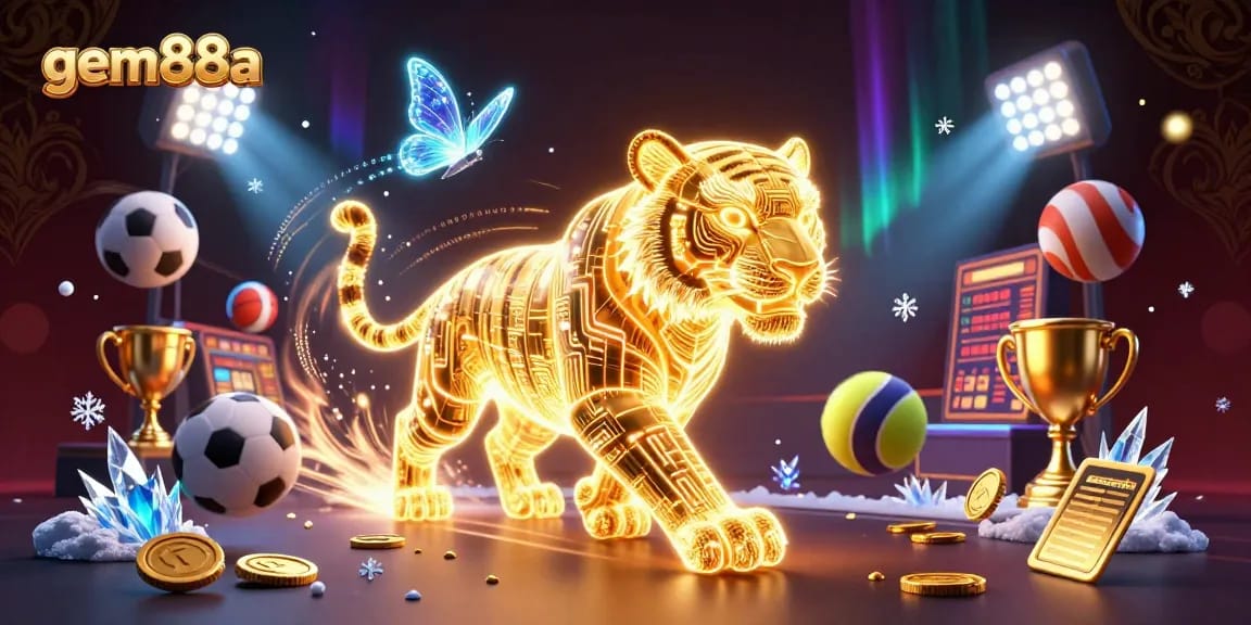 Experience the thrill of gem88a as the neon-wireframe tiger prowls the digital casino, surrounded by sports elements and vibrant colors.
