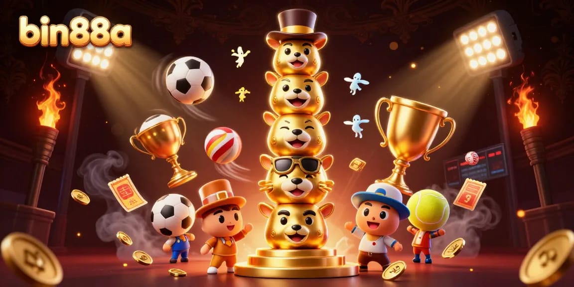Win big with bin88a's dynamic sports betting fantasy scene filled with gold coins and trophies.