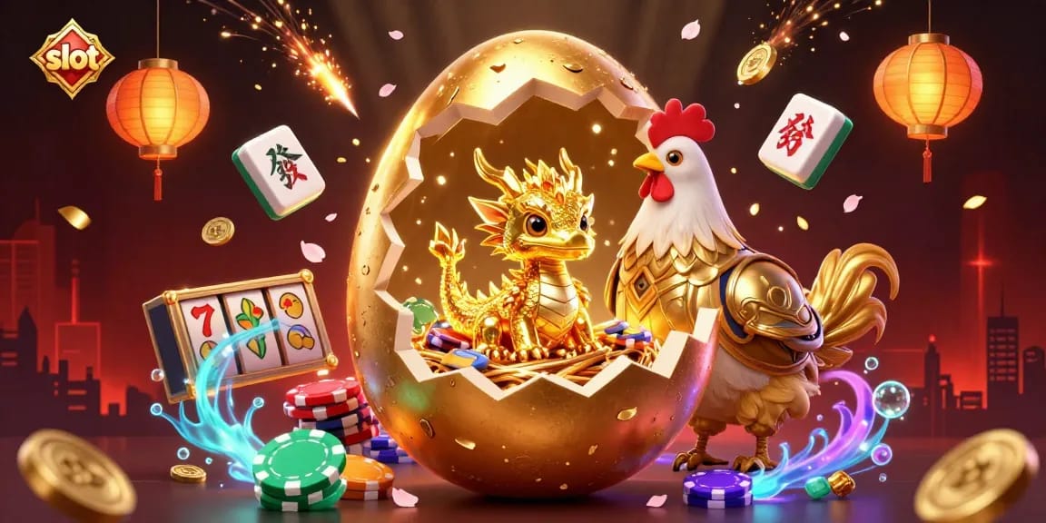 Experience thrilling slot action with a golden baby dragon surrounded by poker chips and festive elements.