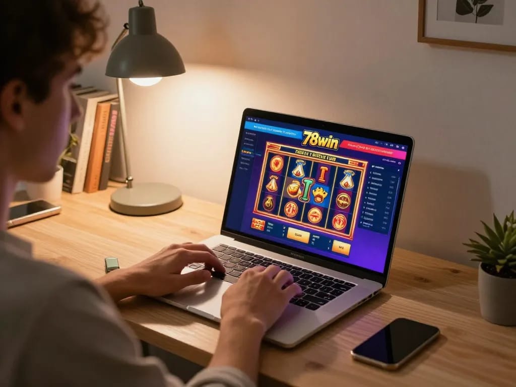 Engaging player using the 78win casino platform on laptop at home