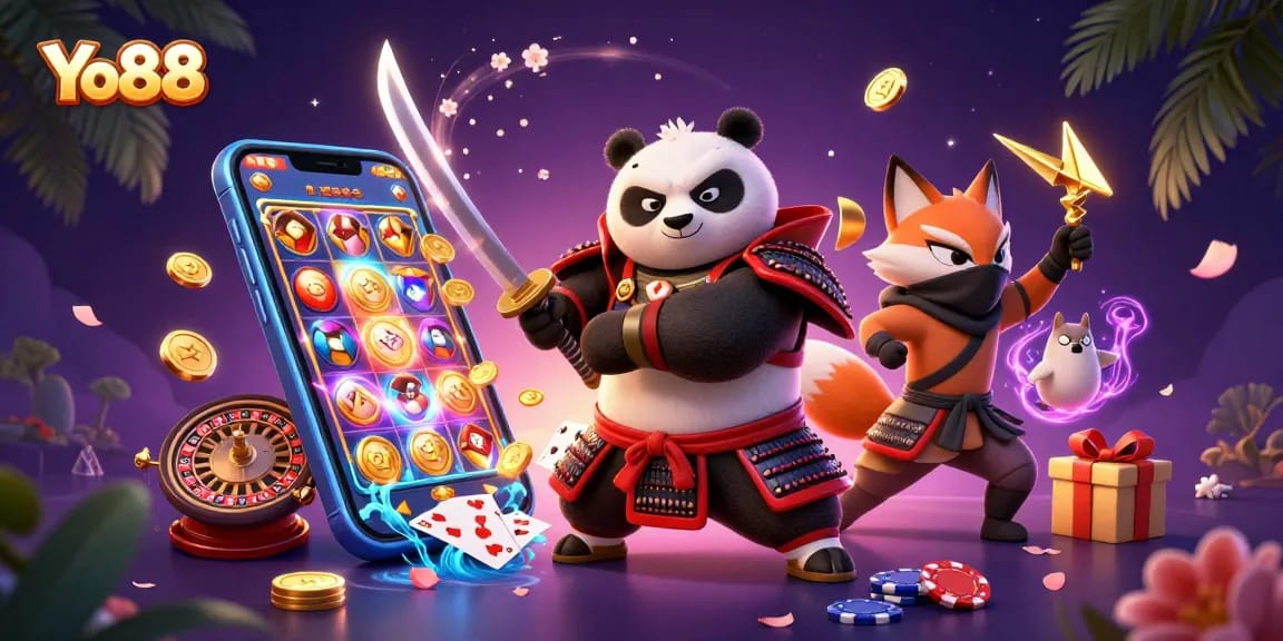 Spin and win at Yo88 with a lively casino scene featuring characters and vibrant gaming elements.
