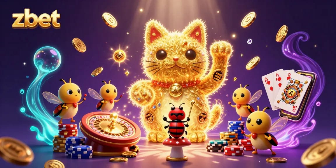 Experience zbet's vibrant atmosphere with a captivating lucky cat display amidst dynamic casino elements.