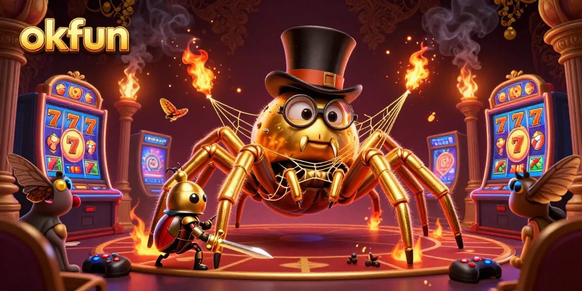 Experience the excitement of okfun with a vibrant 3D casino scene showcasing a golden tarantula and beetle knight.