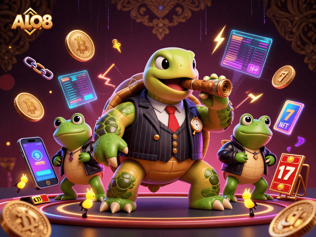 Experience ALO8's vibrant casino atmosphere with animated characters showcasing gaming excitement.