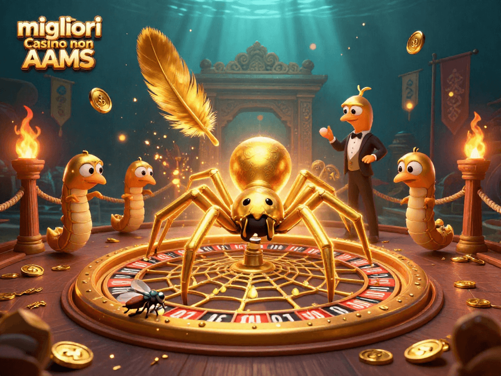 Gioca nei migliori casino non AAMS con un'illustrazione vivace di una ragnatela e croupier centopiedi.